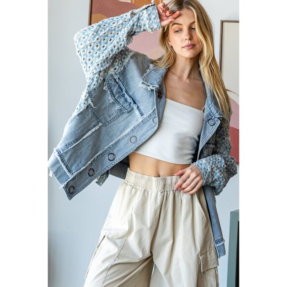 Oli & Hali Washed Contrast Sleeve Denim Button Down Jacket NWOT Size Large - Picture 4 of 9